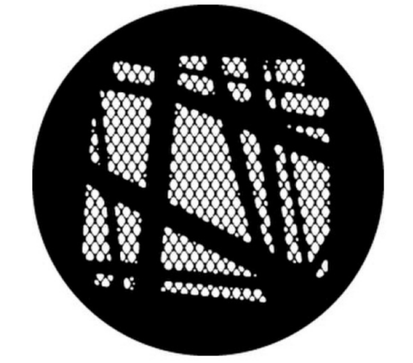 Circular black-and-white lighting gobo pattern featuring abstract geometric lines and mesh-like texture, designed to project scenic shadow effects in theatrical lighting.