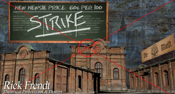Digital scenic rendering for a stage production of Newsies showing brick city buildings and projected signage, marked with a large red X and the word ‘STRIKE’ across the design, with a chalkboard-style headline reading ‘New Newsie Price: 60¢ Per 100