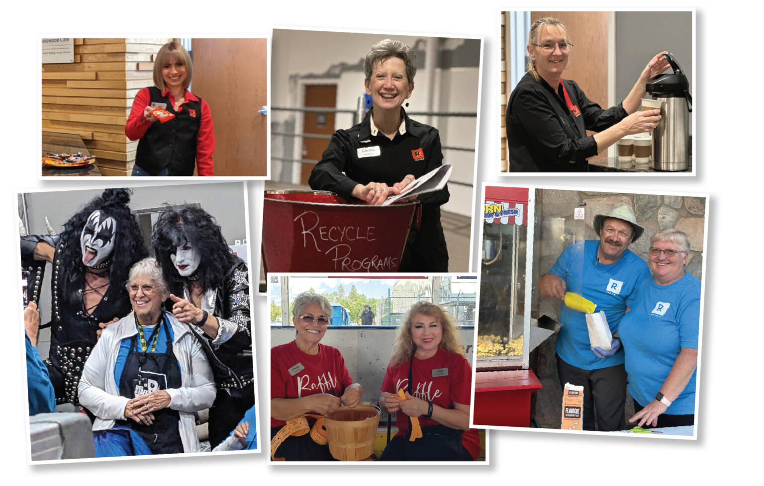 “Collage of volunteer moments at The Reif featuring smiling ushers, concession workers, raffle table volunteers, and event helpers interacting with guests, including one photo of volunteers posing with members of KISS in full stage makeup.