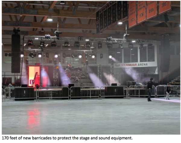 Concert setup inside Yanmar Arena featuring a stage with lighting trusses, speakers, smoke effects, and protective metal barricades surrounding the performance area while crew members prepare the venue. Text at the bottom reads: ‘170 feet of new barricades to protect the stage and sound equipment.