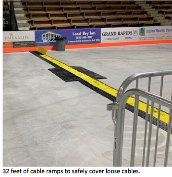 Long yellow-and-black cable ramp stretches across the floor of an arena or event venue to safely cover electrical cables, with metal barricades and advertising boards visible in the background. Text at the bottom reads: ‘32 feet of cable ramps to safely cover loose cables.