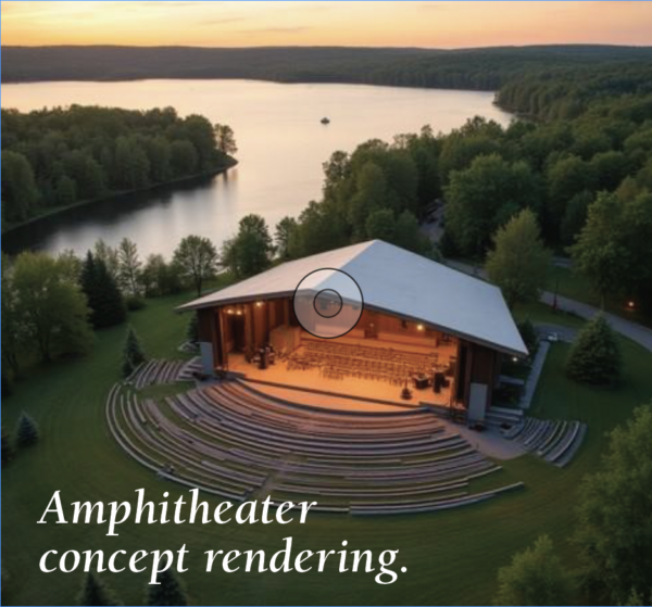 Aerial concept rendering of an outdoor amphitheater beside a large lake at sunset, featuring a covered stage, curved terraced seating built into a grassy hillside, surrounding forest, and warm stage lighting. Text at the bottom reads: ‘Amphitheater concept rendering.