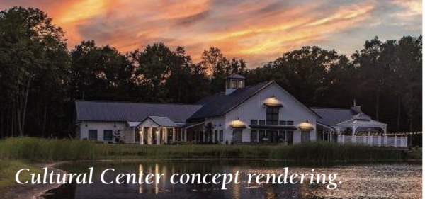 Concept rendering of a lakeside cultural center at sunset, featuring a large lodge-style building with warm exterior lighting, a gazebo, surrounding trees, and reflections on the water. Text along the bottom reads: ‘Cultural Center concept rendering.