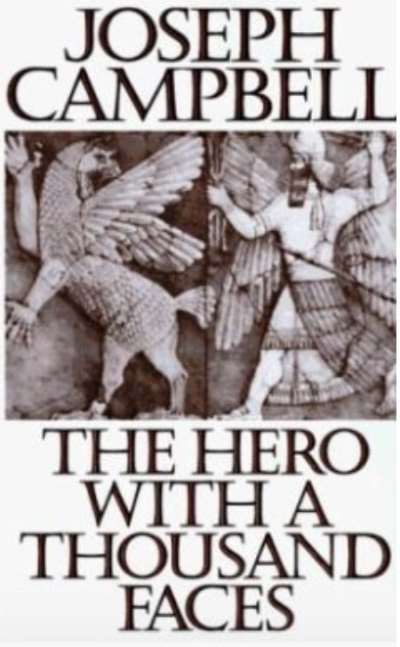 Book cover for The Hero With a Thousand Faces by Joseph Campbell, featuring large serif text above and below a sepia-toned ancient mythological illustration with winged figures and classical imagery.