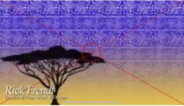 Projected scenic design featuring the silhouette of an acacia tree against a yellow-to-purple sunset sky, overlaid with geometric African-inspired patterns and red annotation markings from a theatrical projection design draft.