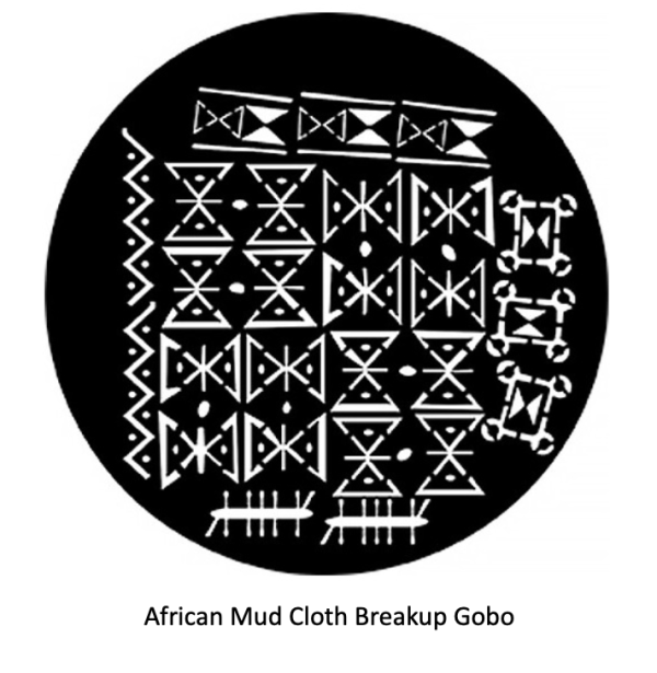 Circular black-and-white lighting gobo design inspired by African mud cloth patterns, featuring rows of geometric symbols, zigzags, dots, and abstract tribal motifs. Caption below reads: ‘African Mud Cloth Breakup Gobo.