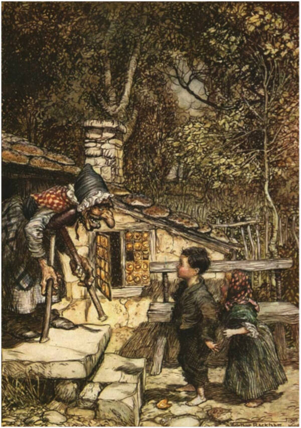 Classic fairy-tale illustration of an old witch leaning from the doorway of a tiny woodland cottage to speak with two children standing outside, surrounded by dense trees and rustic fencing in a richly detailed storybook scene.