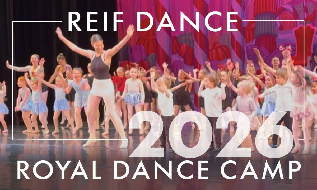 Promotional graphic for the Reif Dance 2026 Royal Dance Camp featuring an instructor and children dancing together on stage under colorful theater lighting.