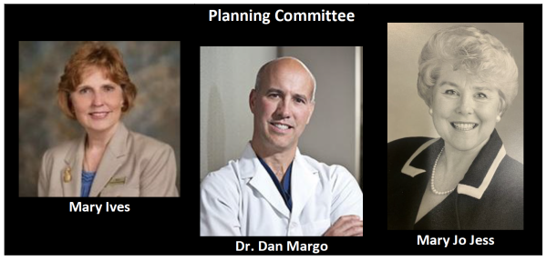 Graphic titled ‘Planning Committee’ featuring portrait photos of three committee members: Mary Ives, Dr. Dan Margo, and Mary Jo Jess, displayed against a black background.