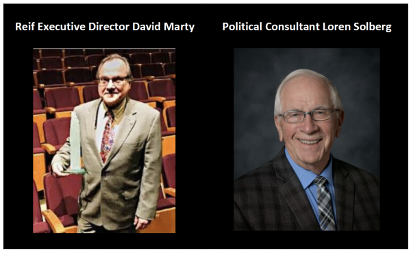 Graphic featuring photos of Reif Executive Director David Marty standing in a theater auditorium and political consultant Loren Solberg in a professional portrait, displayed side by side against a black background.