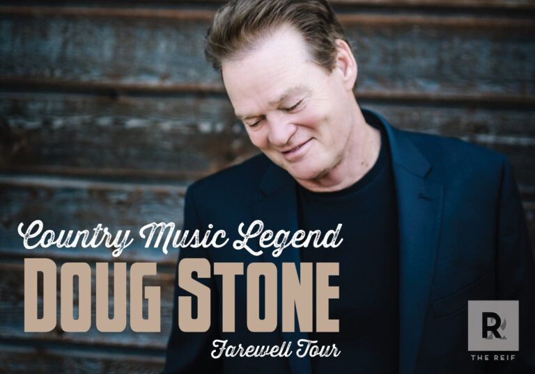 A promotional poster for country music artist Doug Stone’s Farewell Tour. The image shows Doug Stone in a dark blazer and black shirt, smiling while looking downward against a rustic wooden background. Large stylized text reads ‘Country Music Legend Doug Stone Farewell Tour,’ with The Reif logo displayed in the bottom-right corner