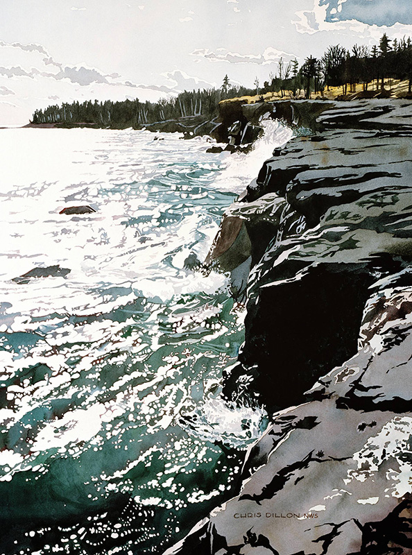 A detailed landscape painting shows waves crashing against dark rocky cliffs along a wooded shoreline. The water sparkles with white highlights, and evergreen trees line the horizon beneath a pale cloudy sky.